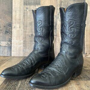 Lucchese San Antonio Vintage Ostrich Inlay Black Cowboy Boots Mens 10.5 D